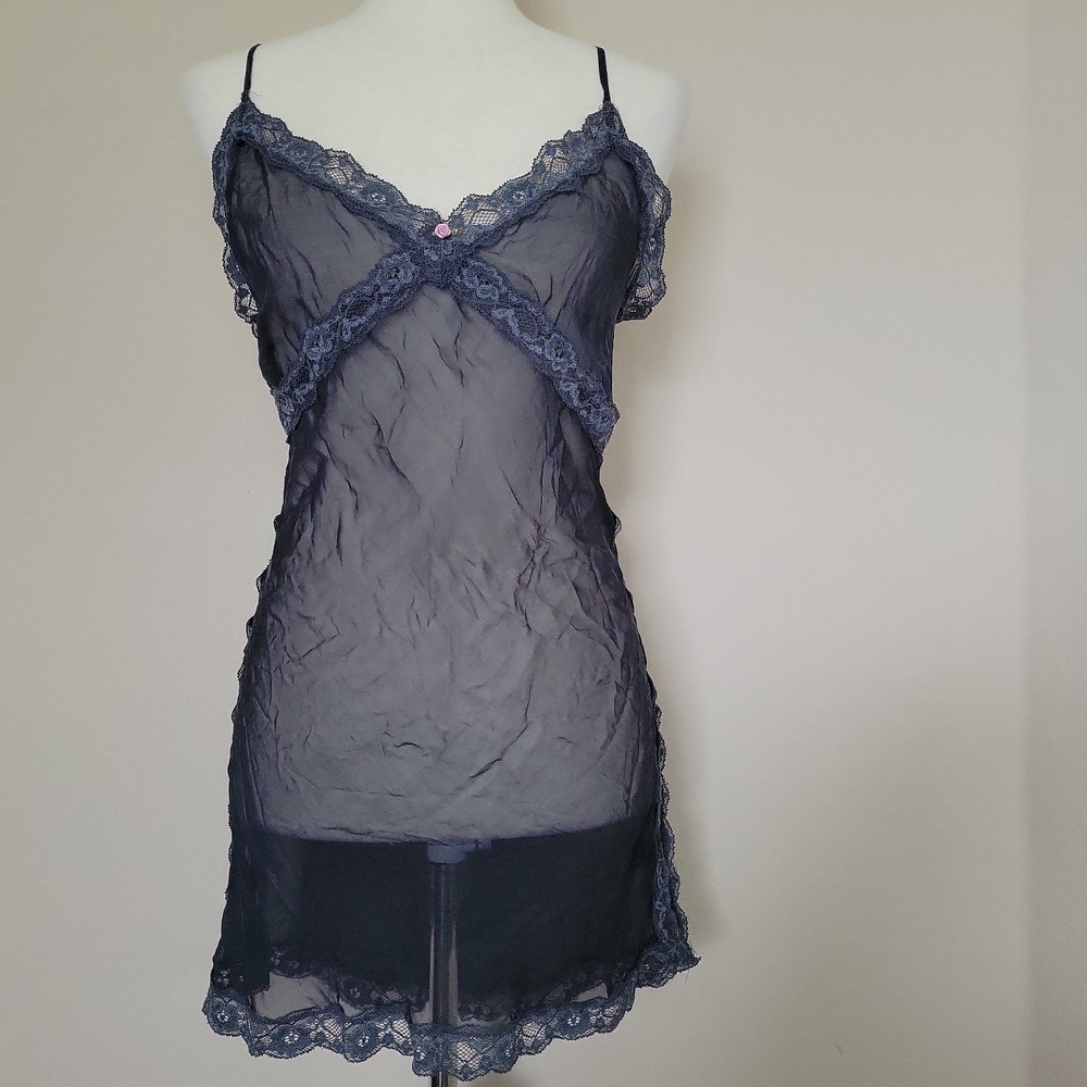 Skims Gray Sheer Silk Lace Trim Babydoll Slip Dress Size M Y2K Style Lingerie